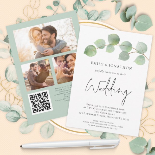 Invitation Elégant Eucalyptus Script 3 photo QR Code Mariage (Créateur téléchargé)