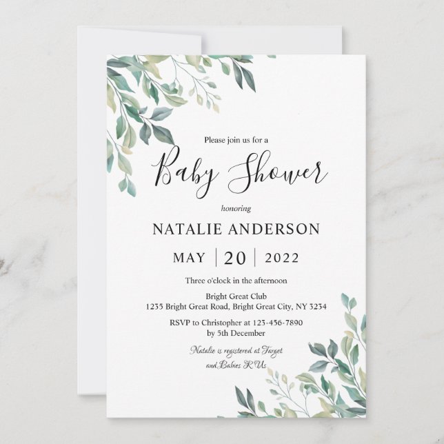 Invitation Elégant Eucalyptus Verdure Baby shower rustique (Devant)