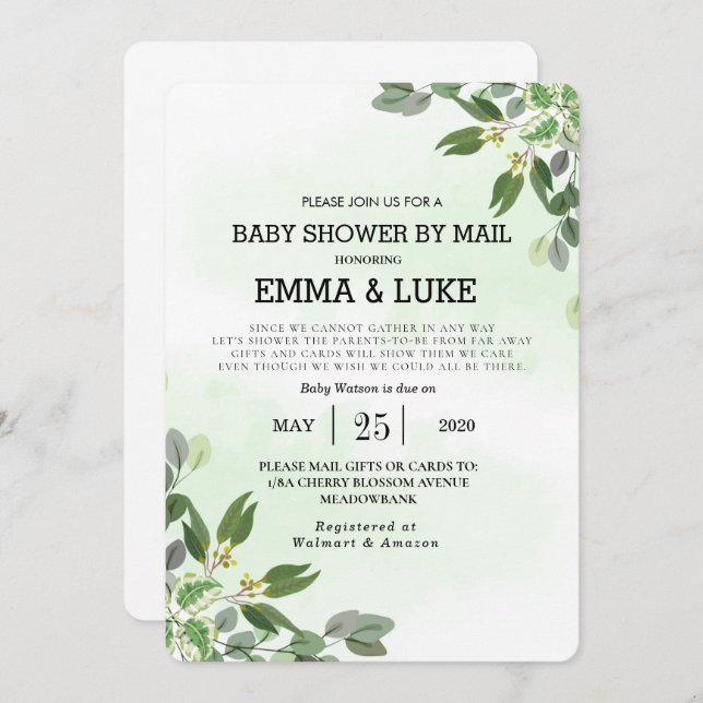 Invitation Elégant Eucalyptus Verdure Baby shower Succulent (Devant / Derrière)