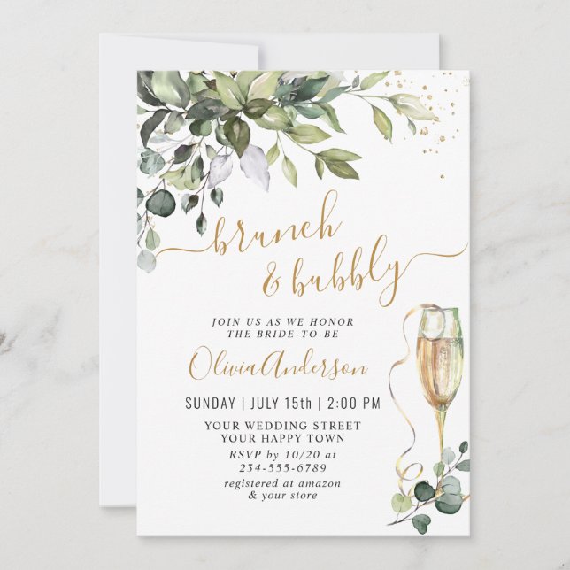 Invitation Elégant Eucalyptus verdure Brunch & Bubbly (Devant)
