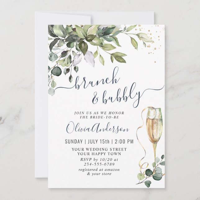Invitation Elégant Eucalyptus verdure Brunch & Bubbly (Devant)