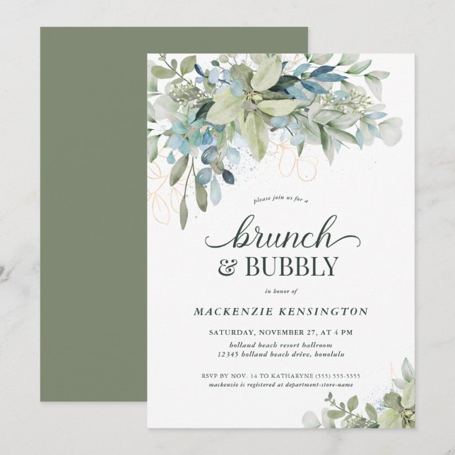 Invitation Elégant Eucalyptus verdure Brunch Bubbly (Devant / Derrière)