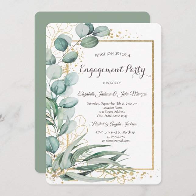 Invitation Elégant Eucalyptus Verdure Gold Frame Fiançailles (Devant / Derrière)