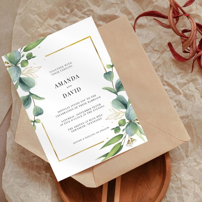 Invitation Elégant Eucalyptus Verdure Gold Frame Mariage (Créateur téléchargé)