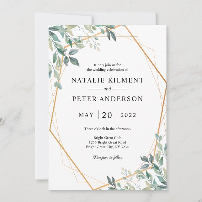 Invitation Elégant Eucalyptus Verdure Gold Frame Mariage (Devant)