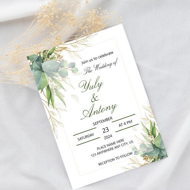 Invitation Élégant Eucalyptus Vert Botanique Or  (Green leaves modern botanical formal wedding invitation)