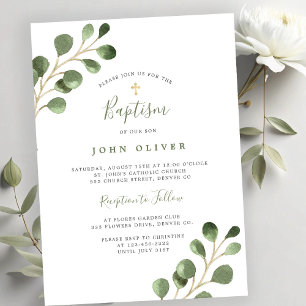 Invitation Elégant eucalyptus vert croix or Baptême