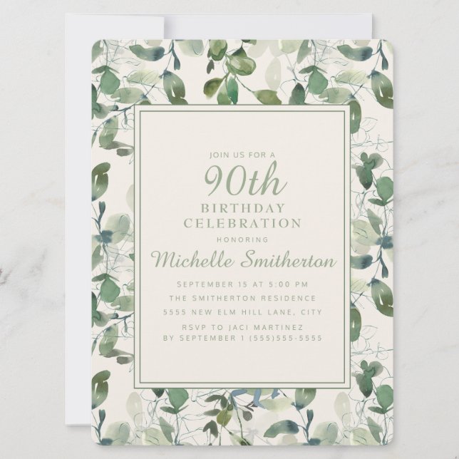 Invitation Elégant Eucalyptus Vert Feuille 90e anniversaire (Devant)