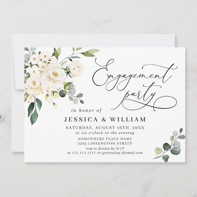 Invitation Elégant Eucalyptus White Roses ENGAGEMENT PARTI (Devant)