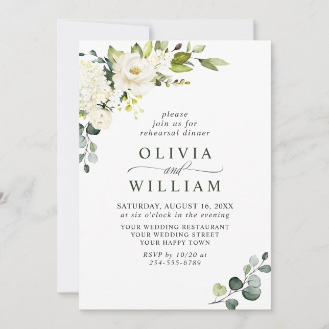 Invitation Elegant Eucalyptus White Roses REHEARSAL DINNER (Devant)
