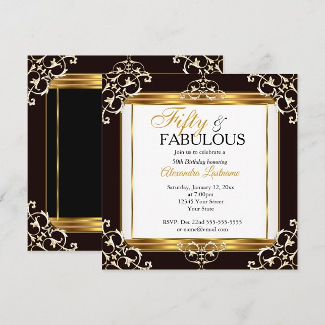 Invitation Elégant Fabuleux Or Noir Blanc 50e Anniversaire (Devant / Derrière)