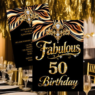 Invitation Elegant Fabulous 50 Birthday Black Gold Zebra Bow