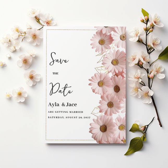 Invitation Élégant faire part rose blush or daisy floral Save (Elegant blush pink gold daisy floral Save the Date)