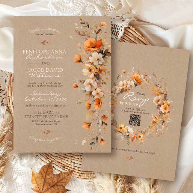 Invitation Elegant Fall Floral Rustic Kraft Autumn QR Wedding (Elegant Fall floral rustic kraft modern watercolor flowers boho QR code Autumn wedding invitation)