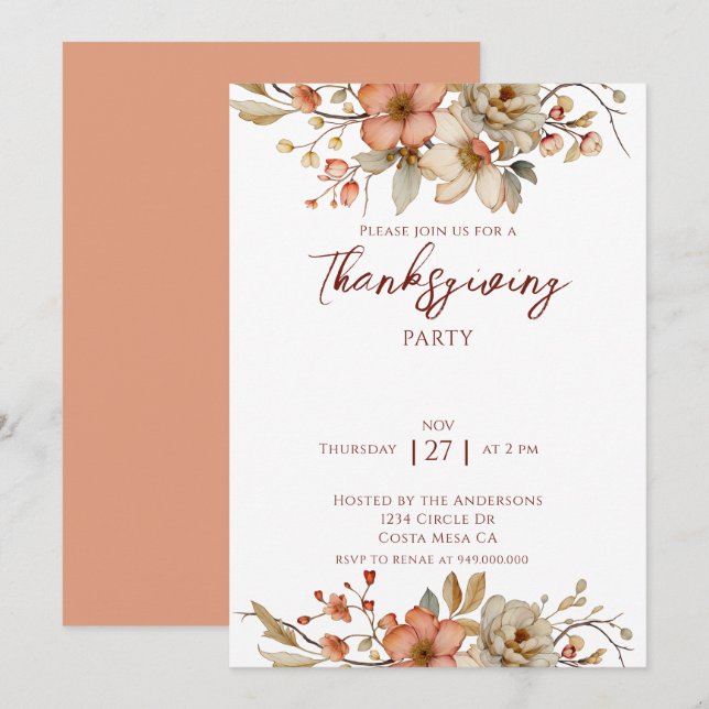 Invitation Elegant Fall Floral Thanksgiving Party  (Devant / Derrière)