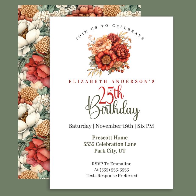 Invitation Elegant Fall Peony and Mum 25th Birthday (Créateur téléchargé)