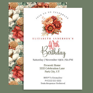 Invitation Elegant Fall Peony and Mum 40th Birthday