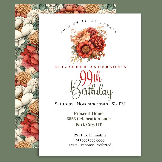 Invitation Elegant Fall Peony and Mum 99th Birthday (Créateur téléchargé)