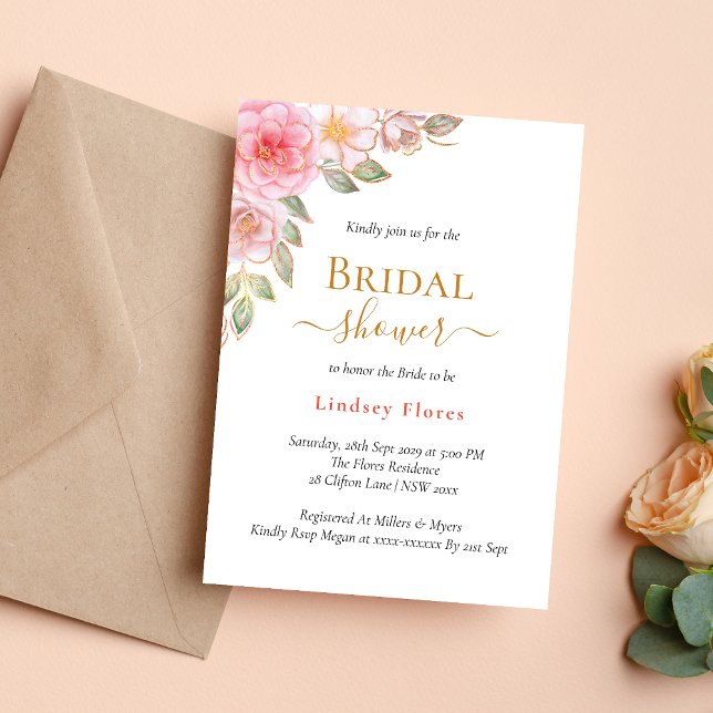 Invitation Élégant Fard à Joues Doré Rose Fleurs Mariage (Gold blush pink floral invitation adds romantic elegance to your bridal shower details)