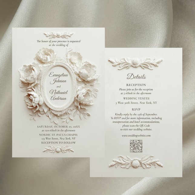 Invitation Elegant Faux Embossed Peonies Formal Wedding  (Créateur téléchargé)