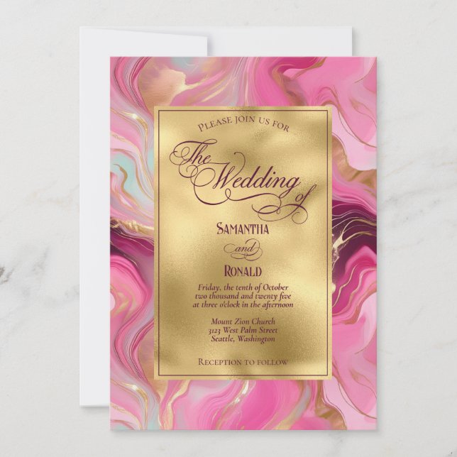 Invitation Elégant Faux Gold et Mariage en marbre rose (Devant)