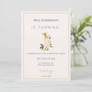 Invitation Elégant Faux Gold Floral Minimal 1er anniversaire