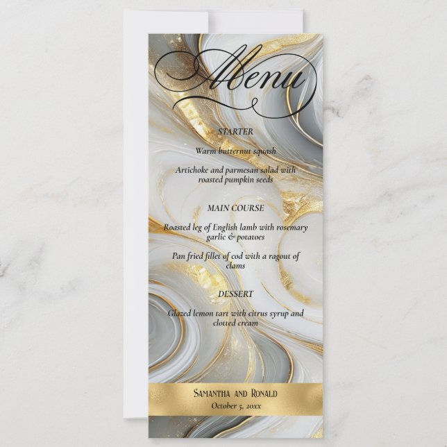 Invitation Elégant Faux Gold Grey Blanc Marbré Mariage Menu (Devant)