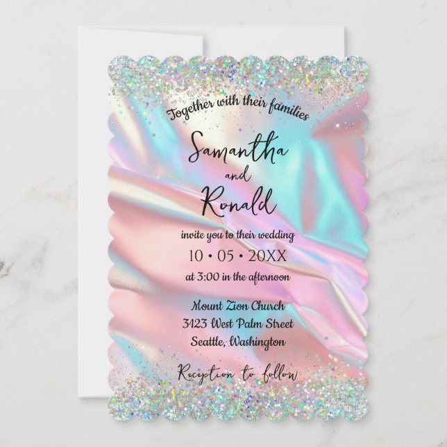 Invitation Elégant Faux Iridescente Foil et Mariage de Partie (Devant)