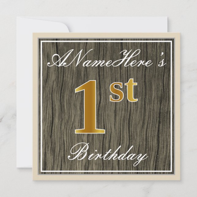 Invitation Elégant, Faux Wood, Faux Gold 1er Anniversaire + N (Devant)
