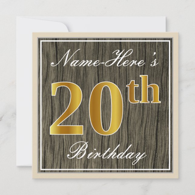 Invitation Elégant, Faux Wood, Faux Gold 20e Anniversaire + N (Devant)