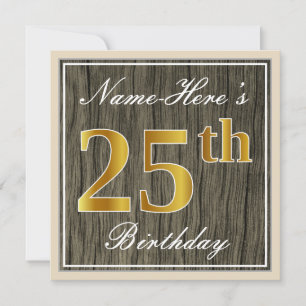Invitation Elégant, Faux Wood, Faux Gold 25e Anniversaire + N