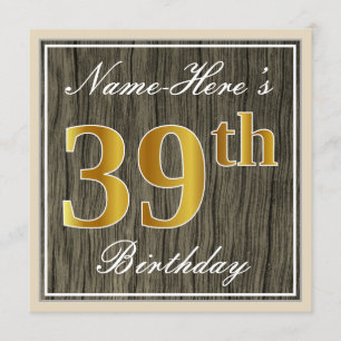 Invitation Elégant, Faux Wood, Faux Gold 39e Anniversaire + N