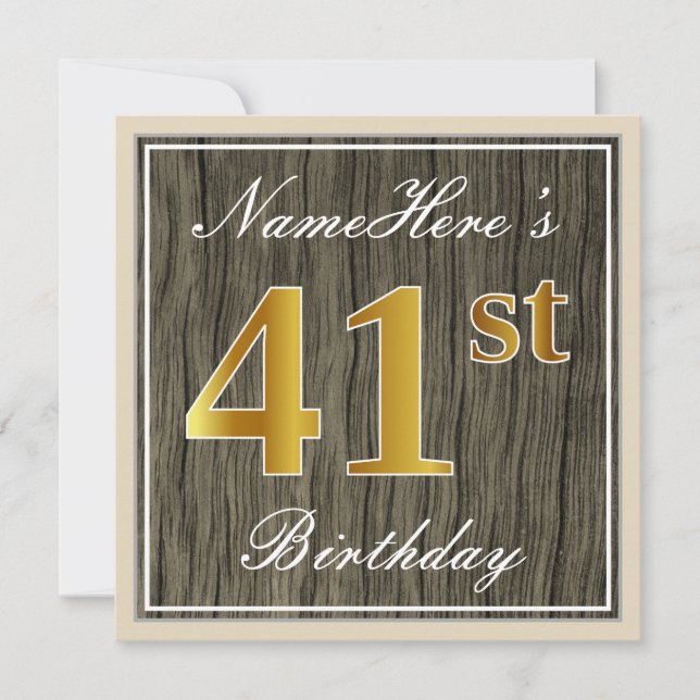 Invitation Elégant, Faux Wood, Faux Gold 41ème Anniversaire + (Devant)