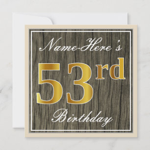 Invitation Elégant, Faux Wood, Faux Gold 53ème anniversaire +