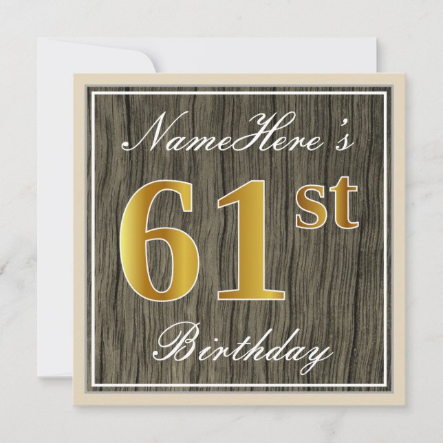 Invitation Elégant, Faux Wood, Faux Gold 61ème Anniversaire + (Devant)