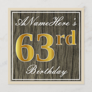 Invitation Elégant, Faux Wood, Faux Gold 63ème anniversaire +