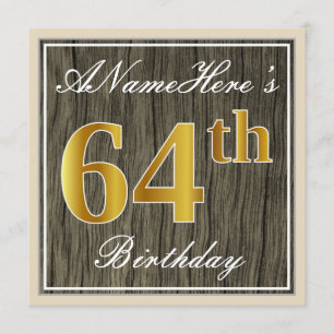 Invitation Elégant, Faux Wood, Faux Gold 64e anniversaire + N