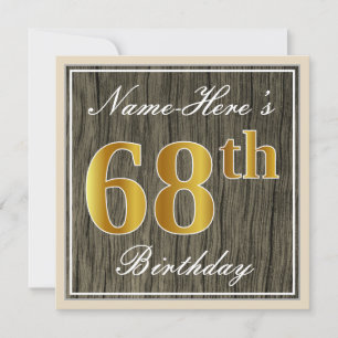 Invitation Elégant, Faux Wood, Faux Gold 68e anniversaire + N