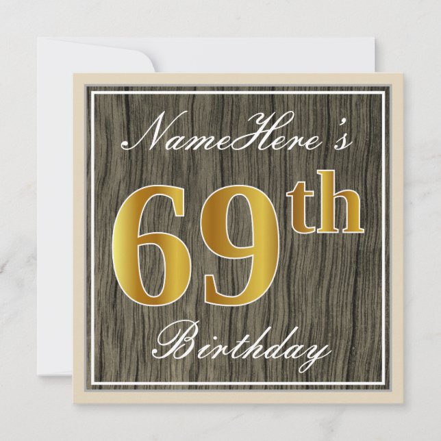 Invitation Elégant, Faux Wood, Faux Gold 69e Anniversaire + N (Devant)