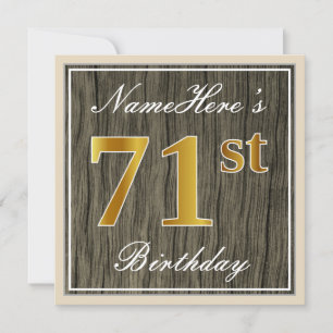 Invitation Elégant, Faux Wood, Faux Gold 71st Birthday + Nom