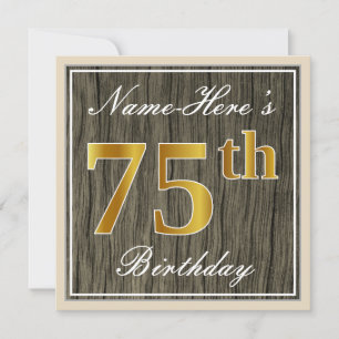 Invitation Elégant, Faux Wood, Faux Gold 75e anniversaire + N