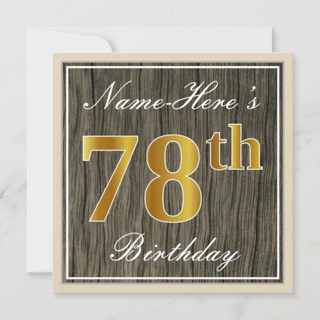 Invitation Elégant, Faux Wood, Faux Gold 78e anniversaire + N (Devant)
