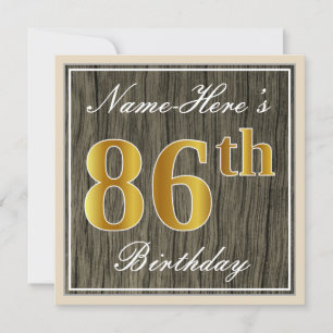 Invitation Elégant, Faux Wood, Faux Gold 86ème Anniversaire +