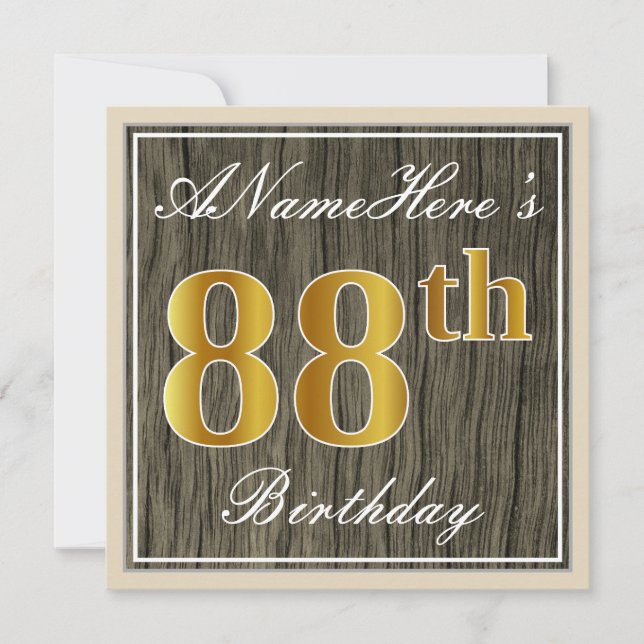 Invitation Elégant, Faux Wood, Faux Gold 88e anniversaire + N (Devant)