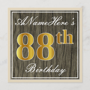 Invitation Elégant, Faux Wood, Faux Gold 88e anniversaire + N