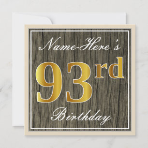 Invitation Elégant, Faux Wood, Faux Gold 93ème anniversaire +