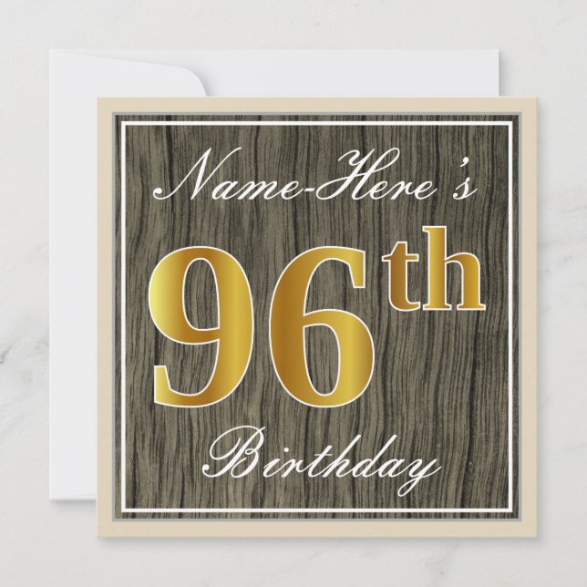 Invitation Elégant, Faux Wood, Faux Gold 96e Anniversaire + N (Devant)