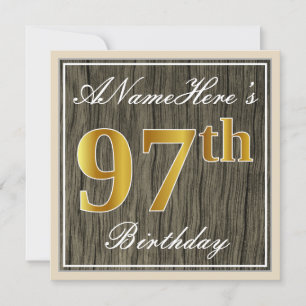 Invitation Elégant, Faux Wood, Faux Gold 97ème Anniversaire +