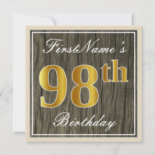 Invitation Elégant, Faux Wood, Faux Gold 98ème Anniversaire +