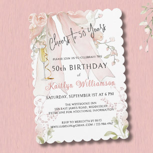Invitation Élégant Félicitations pour 50 Ans Ruban Rose Flora